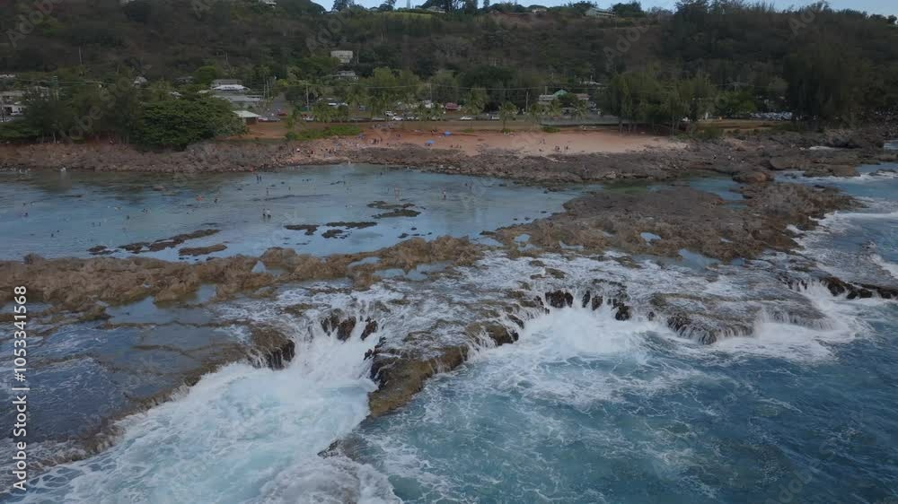 Close up view for Hawaii Oahu Northshore Cove. Aerial shot.