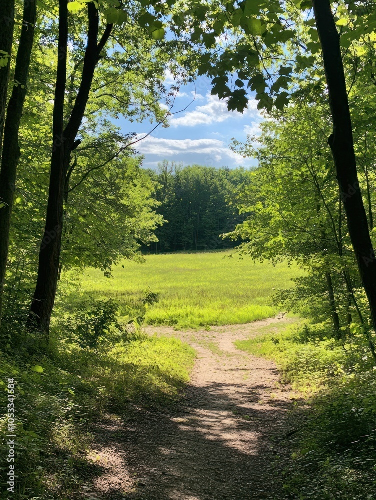 A serene pathway leading to a sunny meadow surrounded by lush greenery.