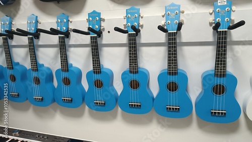 Blue ukulele in the music shop