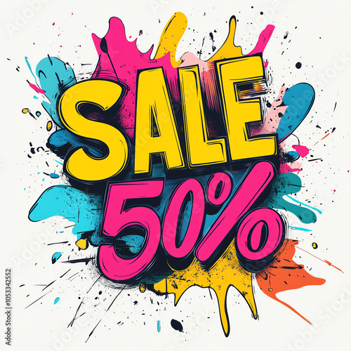 Colorful Sketch Style "SALE 50%" Logo with Paint Splatters