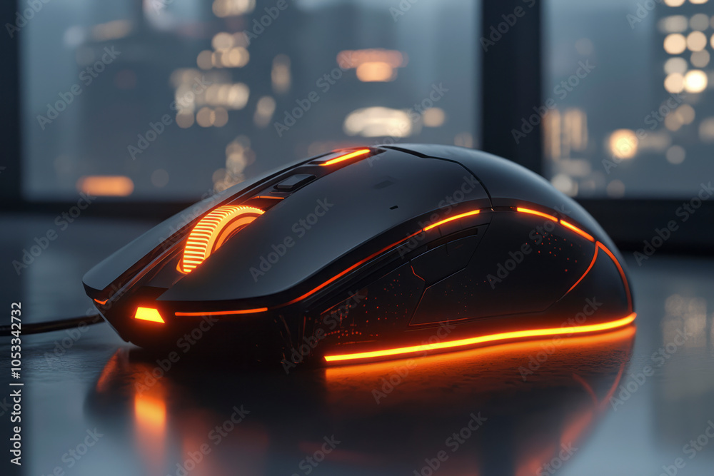 Digital Workspace: Cyberpunk Mouse on Matte Black Desk in Bright Indoor Lighting
