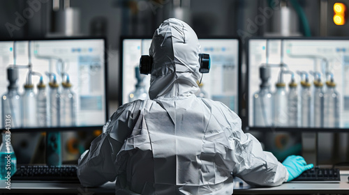 technician in protective gear is focused on multiple computer screens displaying data in laboratory setting. atmosphere conveys sense of precision and safety in scientific environment