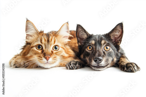 Happy Pets: Cute Dog and Cat Peeking Over a Blank White Board on White Background