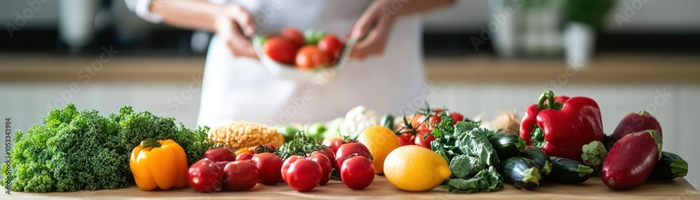 A vibrant assortment of fresh vegetables and fruits arranged for meal preparation. A vibrant assortment of fresh vegetables and fruits arranged for meal preparation.