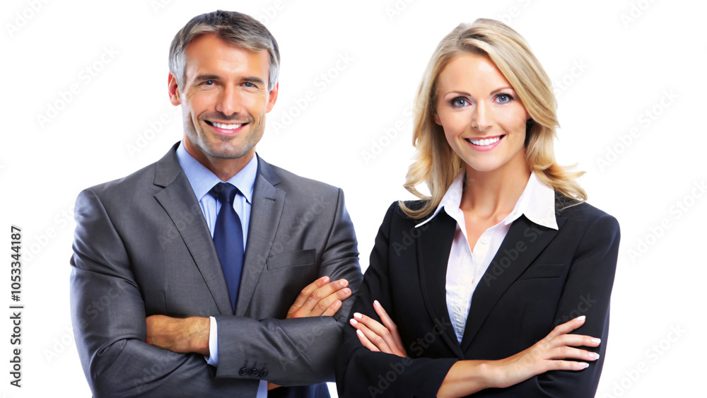 A man and woman in formal business attire stand side by side, arms crossed, both smiling confidently, projecting professionalism and teamwork, set against a transparent background A man and woman in formal business attire stand side by side, arms crossed, both smiling confidently, projecting professionalism and teamwork, set against a transparent background