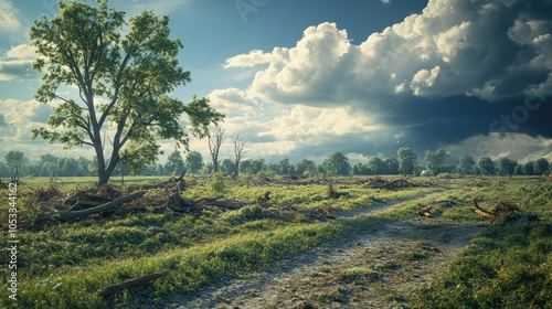 A high-resolution image of a rural landscape after a tornado, with uprooted trees and scattered debris photo