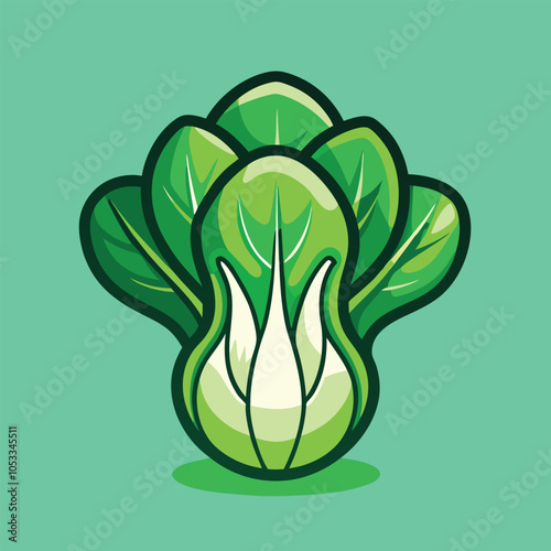 A vibrant illustration of a single head of Bok Choy, showcasing its distinctive green leaves and white core.