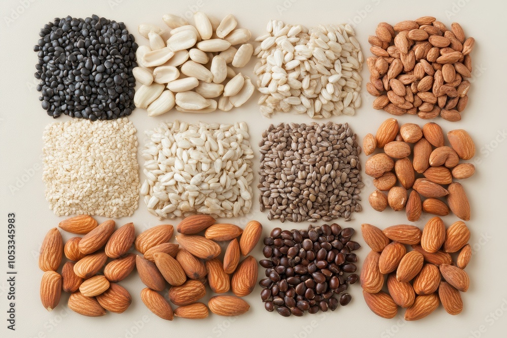 Fototapeta premium Assorted Nuts and Seeds Display on a Light Background