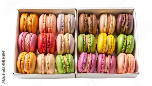 Two rows of colorful macarons neatly arranged in a white box, set against a transparent background. Flavors seem to range from fruity to chocolate, with vibrant pastel hues photo