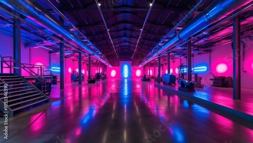  Modern Warehouse Interior with Neon Pink and Blue Lighting Highlighting Industrial Space