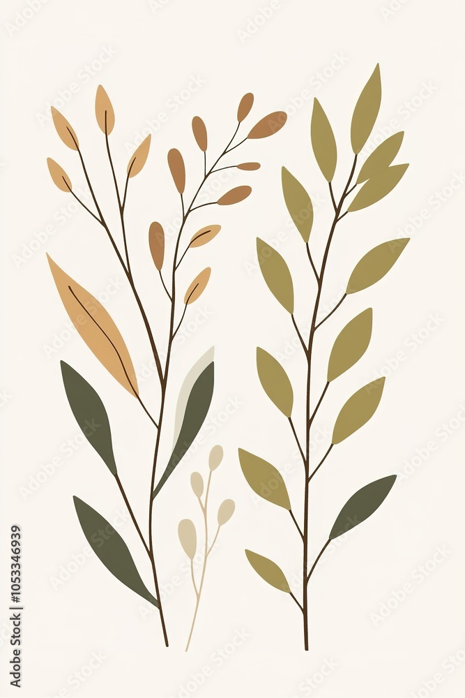 Stylized foliage in muted tones on cream background
