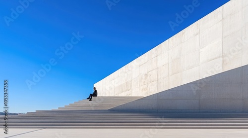 Man sitting halfway up a large concrete staircase under a clear blue sky, symbolizing solitude and reflection