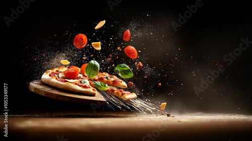 Pizza Explosion: A delicious pizza slice explodes with fresh ingredients, creating a captivating culinary spectacle. The vibrant tomatoes, fragrant basil, and melted cheese burst into the air.