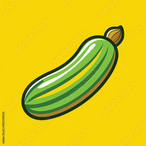 A vibrant green cucumber with a yellow stem, isolated on a bright yellow background.