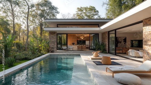 Modern backyard design with a sleek pool, minimalistic garden, and contemporary outdoor furniture.