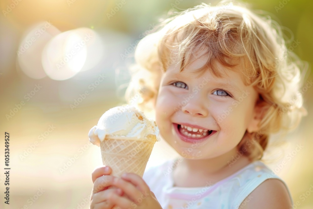 Happy Toddler Enjoying Ice Cream Cone on a Sunny Day in a Field Happy Toddler Enjoying Ice Cream Cone on a Sunny Day in a Field