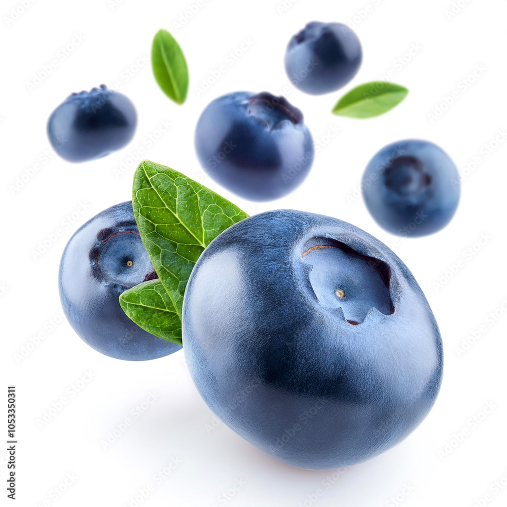 Fresh Blueberries fruits with leaves floating or flying isolated white background Fresh Blueberries fruits with leaves floating or flying isolated white background