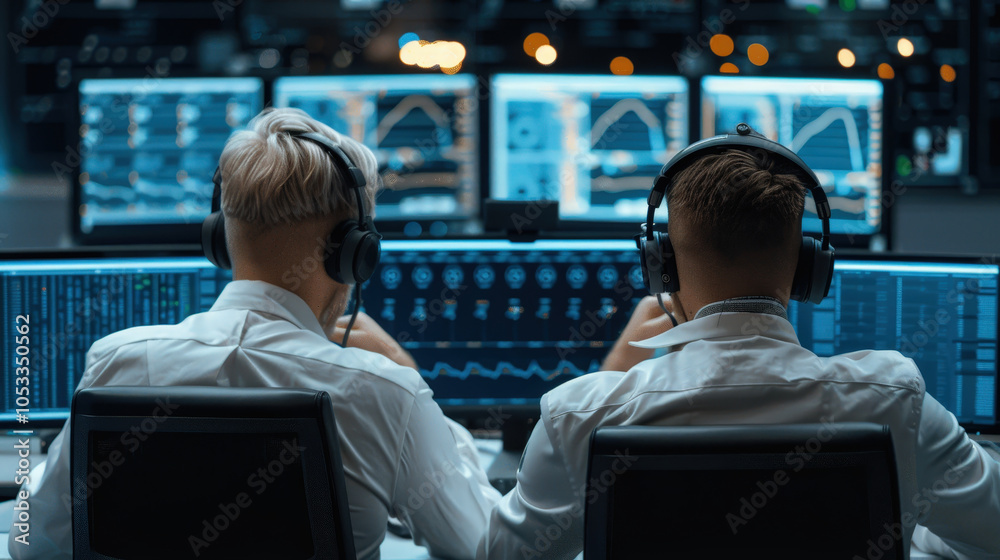 Engineers in white lab coats monitor data on multiple screens in control room, showcasing high tech environment. Their focused expressions reflect importance of their work Engineers in white lab coats monitor data on multiple screens in control room, showcasing high tech environment. Their focused expressions reflect importance of their work