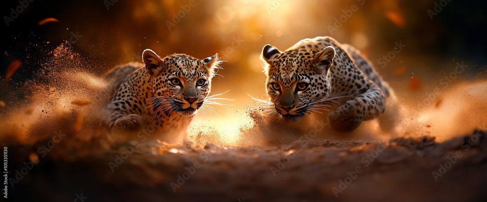 Two leopards running through dust towards the sunset. Two leopards running through dust towards the sunset.