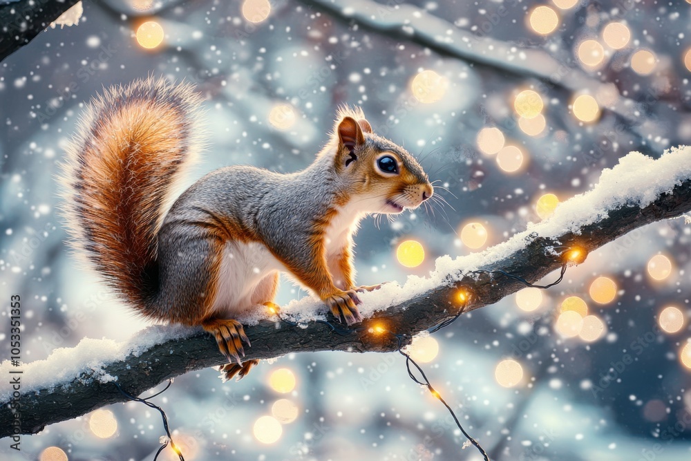 A charming squirrel perched on a snowy branch, surrounded by twinkling lights and a serene winter backdrop. A charming squirrel perched on a snowy branch, surrounded by twinkling lights and a serene winter backdrop.