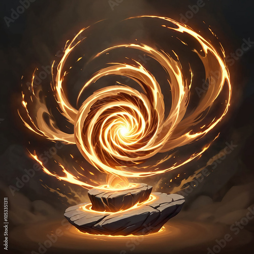 A glowing orange vortex of energy swirls above a rock platform. The energy appears to be emanating from a central core, radiating outward in a fiery spiral. photo