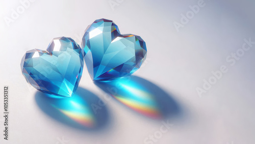 Two transparent blue hearts lie side by side on a light background, with their surfaces reflecting light and creating colorful reflections on the surface beneath.