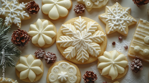 topdown shot of Christmas frost decorated cookies with trees, snow, stars