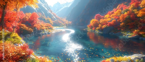 A serene landscape showcasing vibrant autumn foliage along a tranquil river, with sunlit mountains in the background reflecting in the water, creating a peaceful atmosphere.