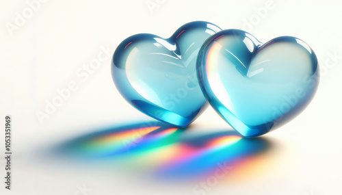 Two transparent blue hearts lie side by side on a light background, with their surfaces reflecting light and creating colorful reflections on the surface beneath.