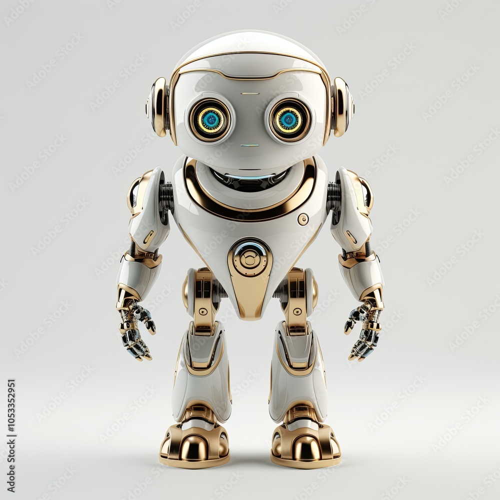 White and gold humanoid robot with blue eyes on white background. Studio 3D rendering. White and gold humanoid robot with blue eyes on white background. Studio 3D rendering.