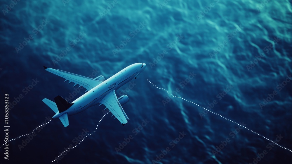 Fototapeta premium Dashed route line following the path of an airplane, illustrating a flight journey. 