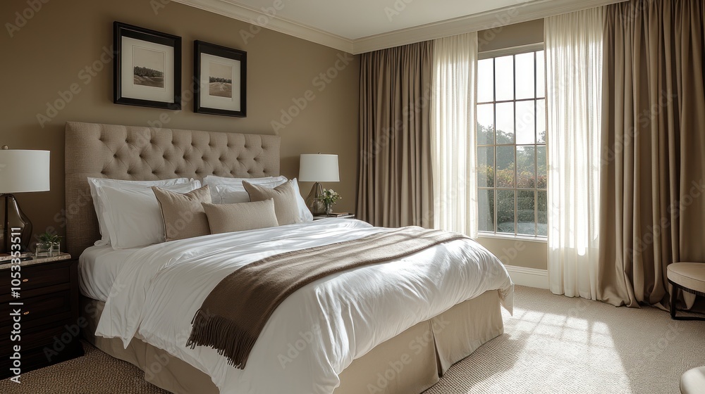 Fototapeta premium Modern guest room with clean lines, neutral tones, and simple yet elegant decor.