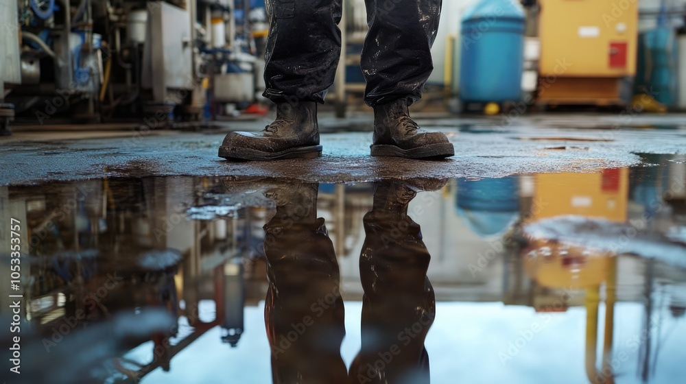 Reflection of a Worker's Boots in a Puddle Reflection of a Worker's Boots in a Puddle