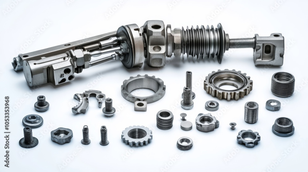 Engine gears and metal car parts are displayed on a white background, representing auto mechanics. Copy space available. Engine gears and metal car parts are displayed on a white background, representing auto mechanics. Copy space available.