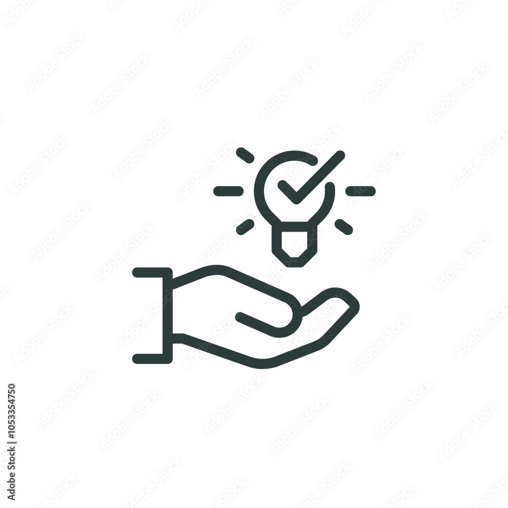 Innovation solution, creative idea, fact, tip, outline icon. Line sign glowing light bulb in hand. Vector isolated pictograms for web and app on white background editable stroke. Innovation solution, creative idea, fact, tip, outline icon. Line sign glowing light bulb in hand. Vector isolated pictograms for web and app on white background editable stroke.