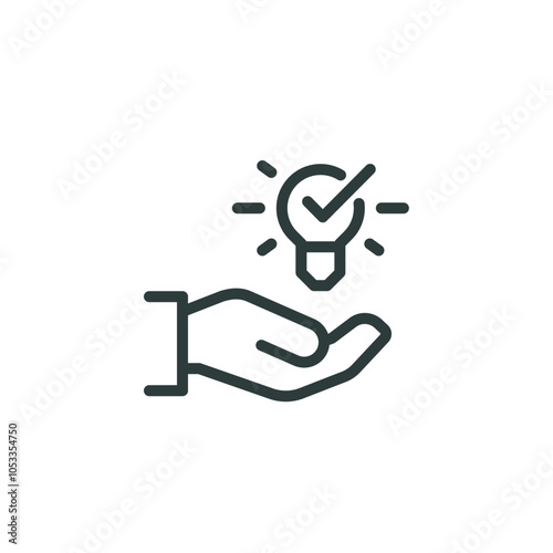 Innovation solution, creative idea, fact, tip, outline icon. Line sign glowing light bulb in hand. Vector isolated pictograms for web and app on white background editable stroke.