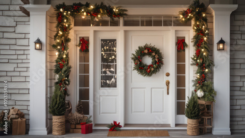 An entrance white  door beautifully decorated with a Christmas wreath made of fresh pine branches, red berries, pine cones, and a bow.