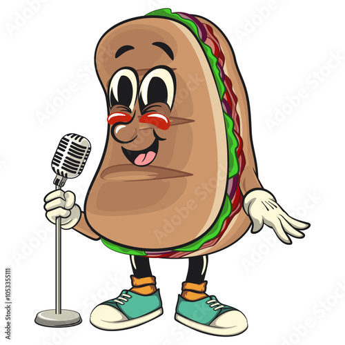 Sub Sandwich cartoon mascot illustration character vector in front of the mic become a stand up comedian, work of hand drawn