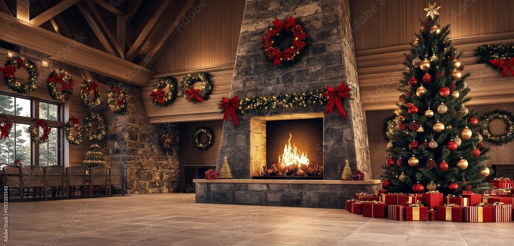 A traditional holiday interior with a large stone fireplace, holiday wreaths hung on the walls, and a Christmas tree decorated with red and gold ornaments. A traditional holiday interior with a large stone fireplace, holiday wreaths hung on the walls, and a Christmas tree decorated with red and gold ornaments.