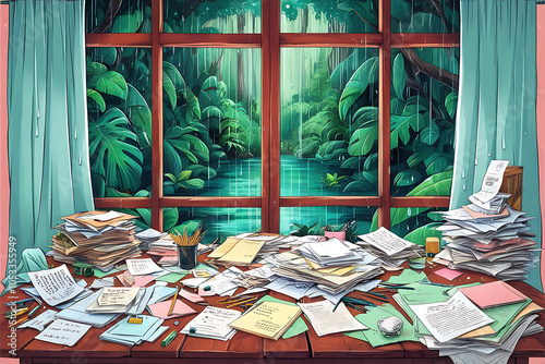 A cluttered and messy office or workspace with piles of papers, documents, and stationery items, overlooking a lush, green jungle-like landscape through large windows. photo