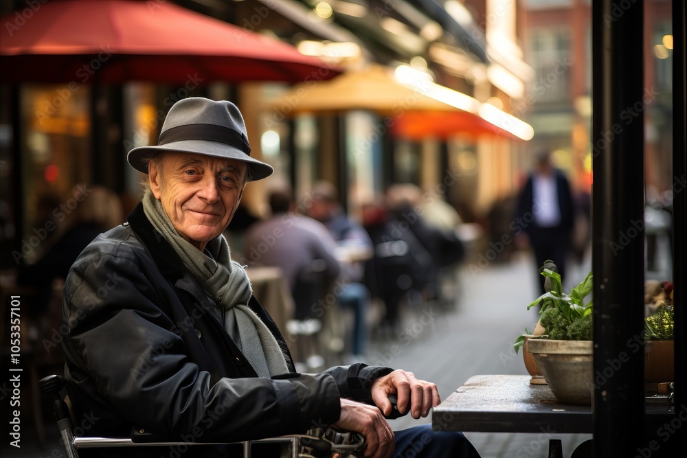 Portrait of an elderly man sitting at a table in a street cafe Portrait of an elderly man sitting at a table in a street cafe