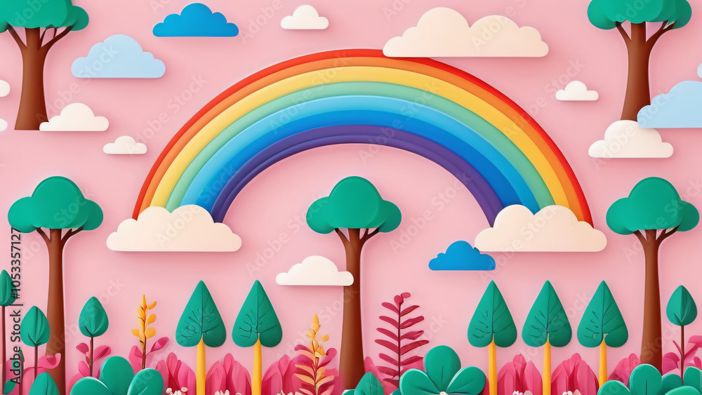 Fototapeta premium landscape with rainbow and flowers