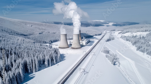 Nuclear energy facility with cooling towers releasing steam in snowy landscape. scene captures contrast between industrial structures and serene winter environment