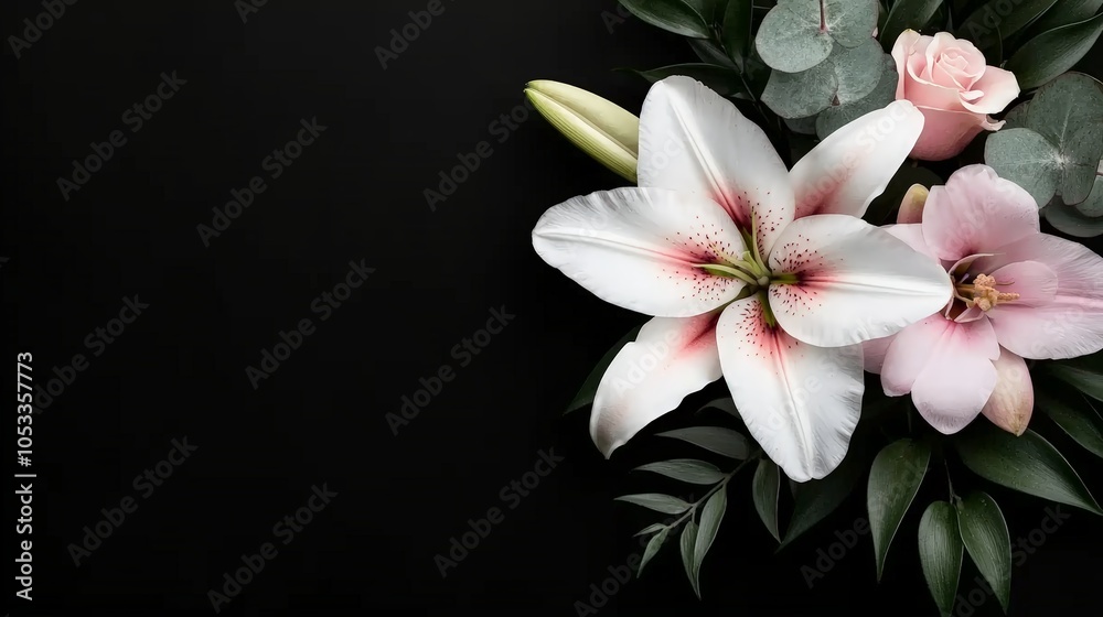 Fototapeta premium White Lilies and Pink Orchids with Eucalyptus