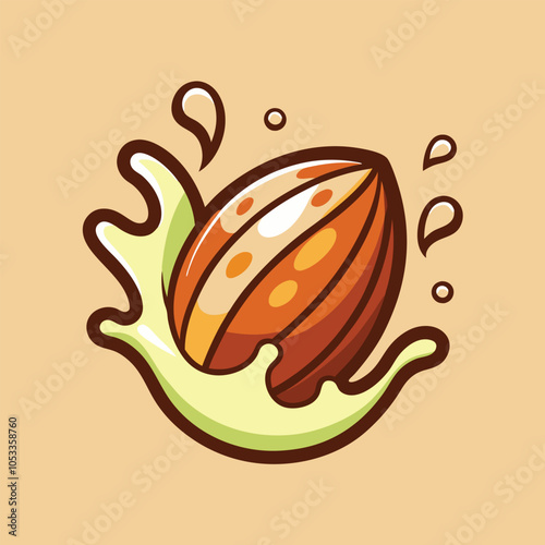 A cartoon illustration of an almond with a splash of milk. Perfect for a healthy snack or drink.
