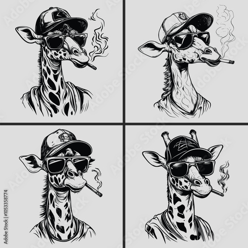 Giraffe Wearing Sunglasses And A Cap, Smoking, Giraffe Vector, Silhouette, Giraffe Svg, Woodcut Svg, Wildlife, Giraffe Head Svg, Animal With Sunglasses Svg, Giraffe Smoking Svg