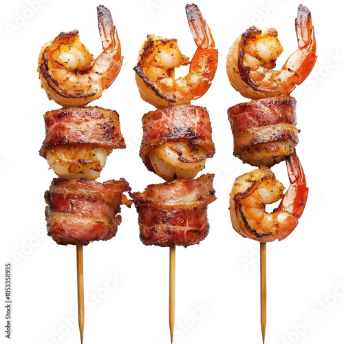 Obraz na płótnie Delicious shrimp and bacon skewers on sticks, perfect for grilling and appetizers. transparent background w salonie