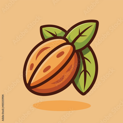 A cartoon illustration of a single, whole walnut with three leaves.