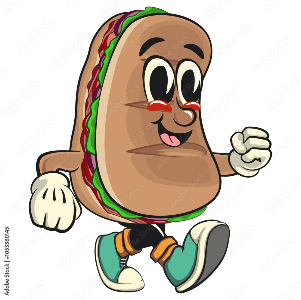Obraz premium Sub Sandwich cartoon mascot illustration character vector walking, work of hand drawn