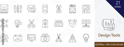Design Tools thin line icon set. with typography, drawing, computer, pencil, brush, palette, canvas, sketch and more stroke icons